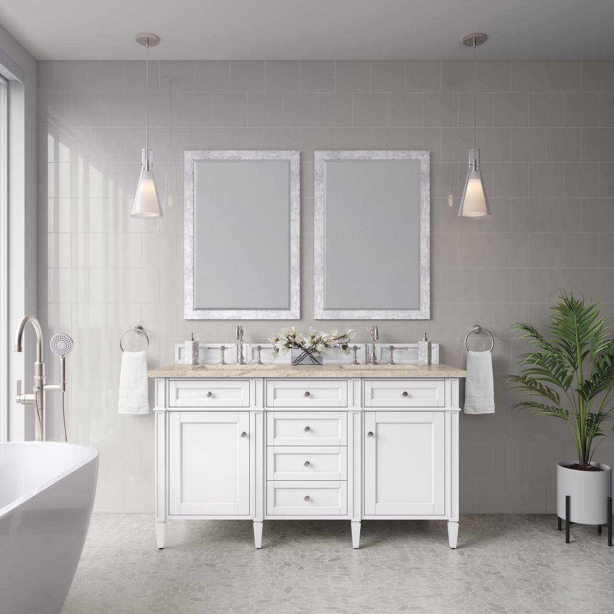 James Martin Vanities Brittany 60" Bright White Double Vanity With 3 CM Tajnar Eclos Top