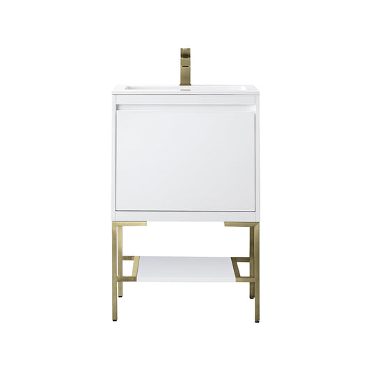 James Martin Vanities Mantova 23.6" Glossy White and Champagne Brass Base Single Vanity With Glossy White Composite Stone Top