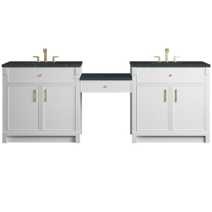 James Martin Vanities Bellshire 96" Bright White Dual Vanity Set With 3 cm Charcoal Soapstone Silestone Top and 24" Make-Up Counter
