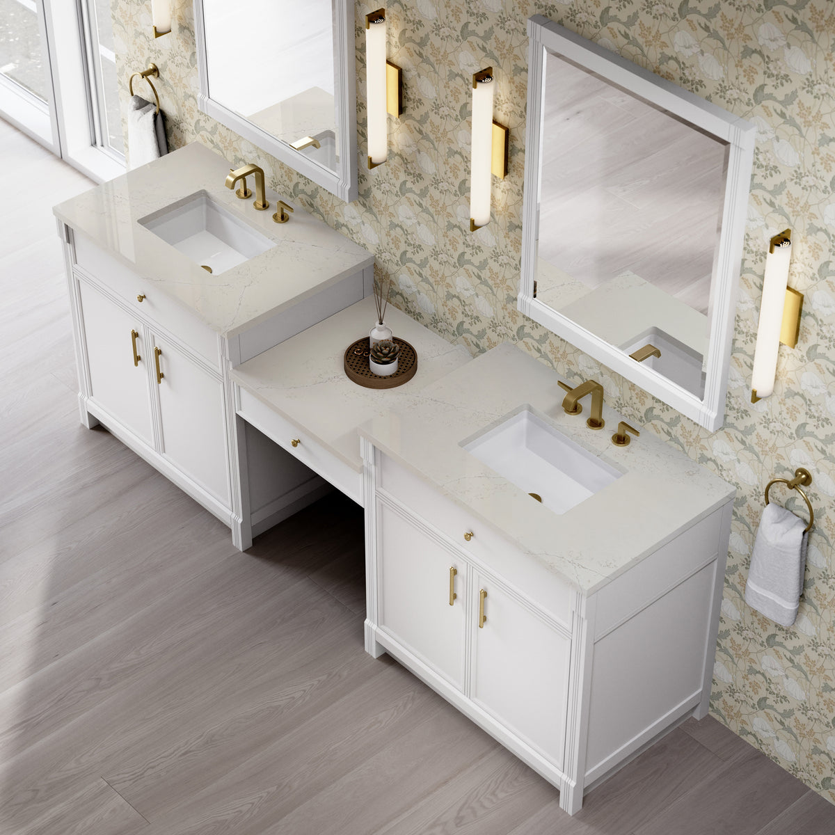 James Martin Vanities Bellshire 96" Bright White Dual Vanity Set With 3 cm Siberian Silestone Top and 24" Make-Up Counter