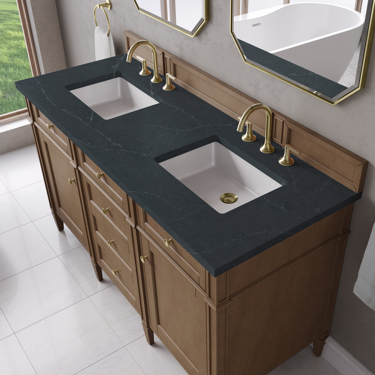 James Martin Vanities Brittany 60" Pecan Double Vanity With 3 CM Charcoal Soapstone Silestone Top