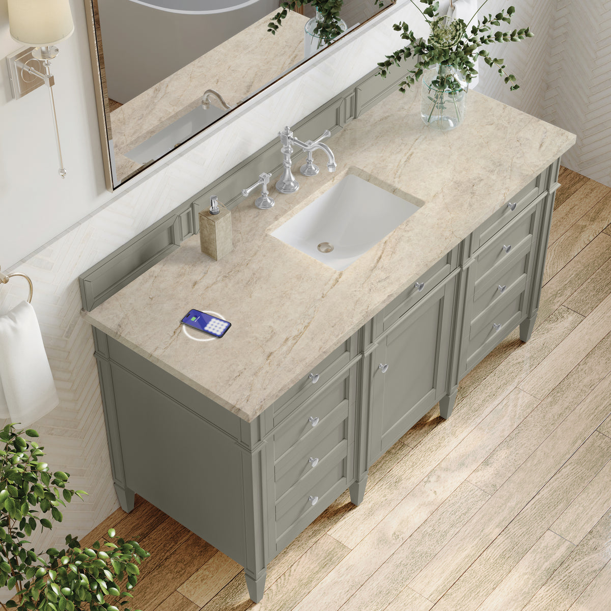 James Martin Vanities Brittany 60" Urban Gray Single Vanity With 3 CM Tajnar Eclos Top and FreePower Wireless Charger