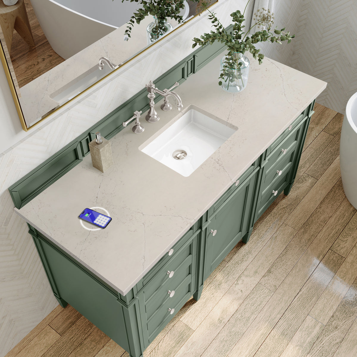 James Martin Vanities Brittany 60" Smokey Celadon Single Vanity With 3 CM Siberian Silestone Top and FreePower Wireless Charger