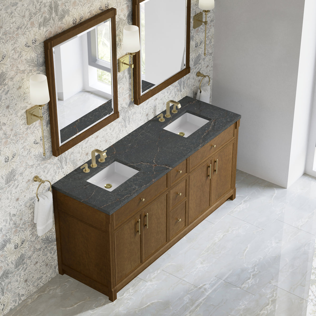 James Martin Vanities Bellshire 72" Honey Oak Double Vanity With 3 CM Parisien Bleu Silestone Top