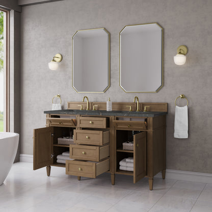 James Martin Vanities Brittany 60" Pecan Double Vanity With 3 CM Parisien Bleu Silestone Top