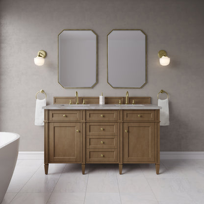 James Martin Vanities Brittany 60" Pecan Double Vanity With 3 CM Victorian Silver Silestone Top