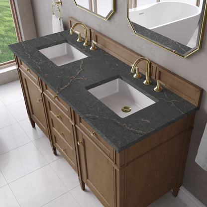 James Martin Vanities Brittany 60" Pecan Double Vanity With 3 CM Parisien Bleu Silestone Top