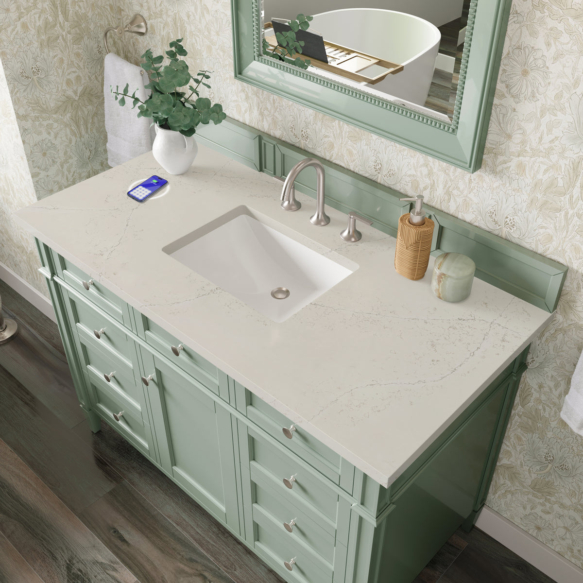 James Martin Vanities Brittany 48" Sage Green Single Vanity With 3 CM Siberian Silestone Top and FreePower Wireless Charger