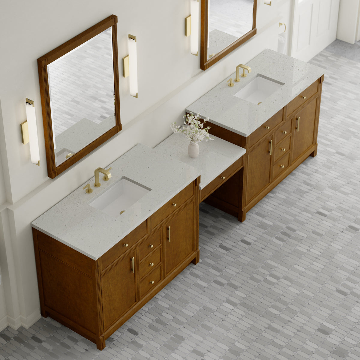 James Martin Vanities Bellshire 120" Honey Oak Dual Vanity Set With 3 cm Lime Delight Silestone Top and 24" Make-Up Counter