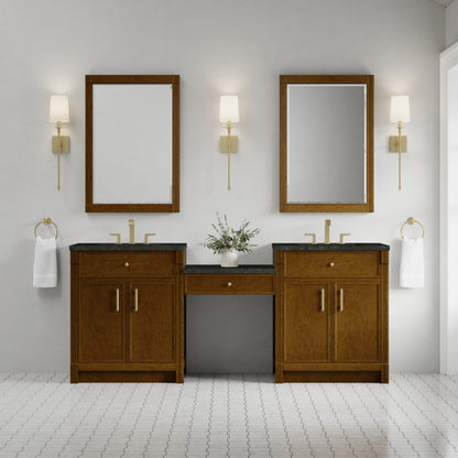 James Martin Vanities Bellshire 84" Honey Oak Dual Vanity Set With 3 cm Phantome Eclos Top and 24" Make-Up Counter