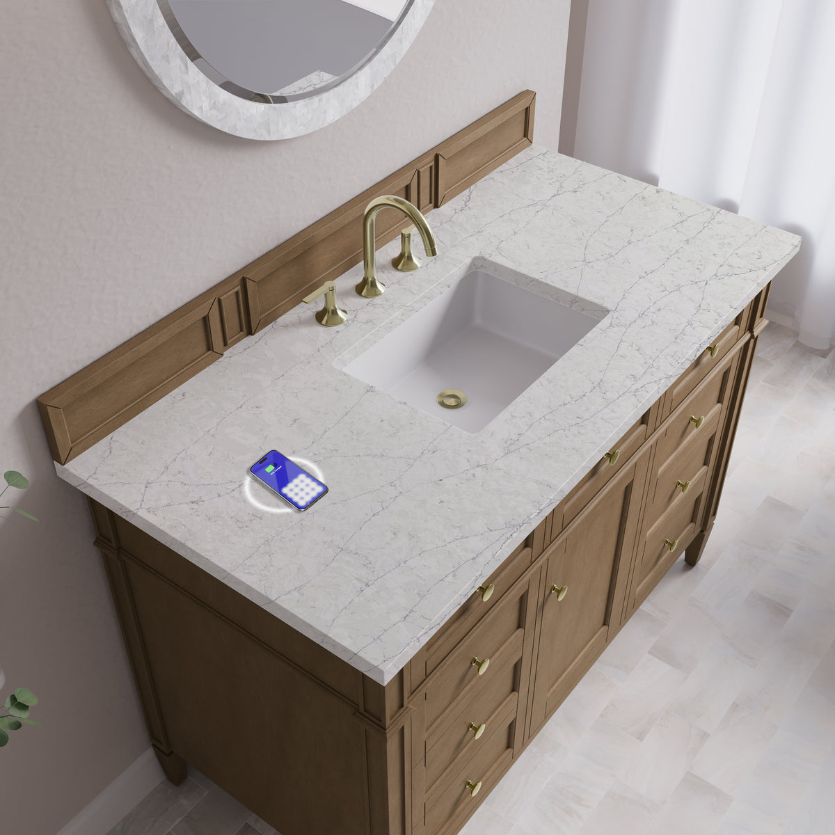 James Martin Vanities Brittany 48" Pecan Single Vanity With 3 CM Eternal Jasmine Pearl Silestone Top and FreePower Wireless Charger