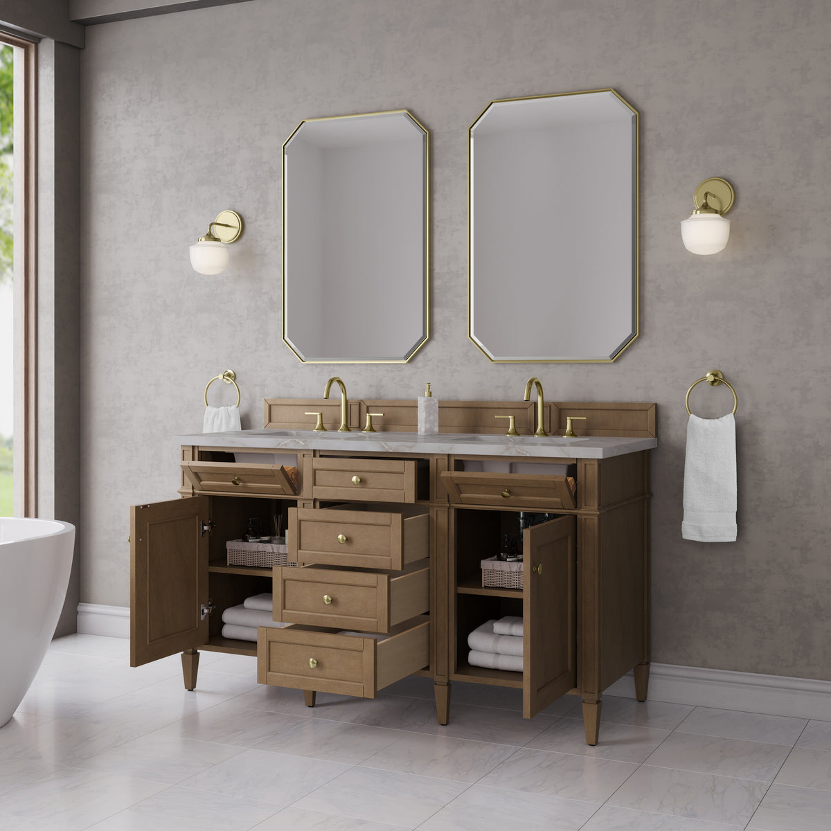 James Martin Vanities Brittany 60" Pecan Double Vanity With 3 CM Victorian Silver Silestone Top