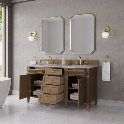James Martin Vanities Brittany 60" Pecan Double Vanity With 3 CM Victorian Silver Silestone Top