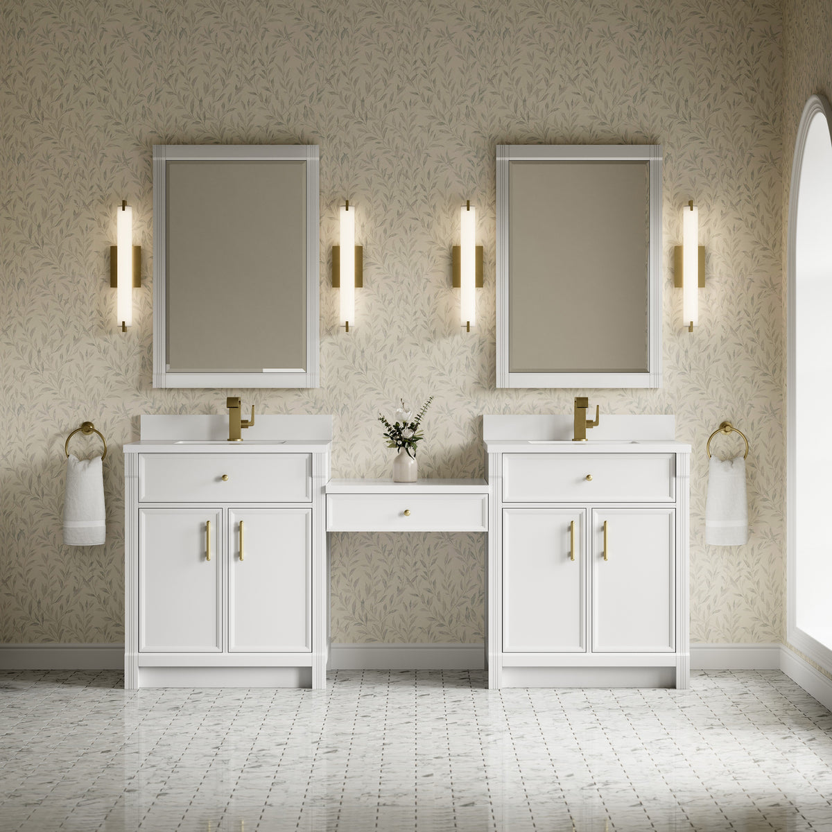 James Martin Vanities Bellshire 84" Bright White Dual Vanity Set With Single Hole 3 cm White Zeus Silestone Top, Backsplash and 24" Make-Up Counter