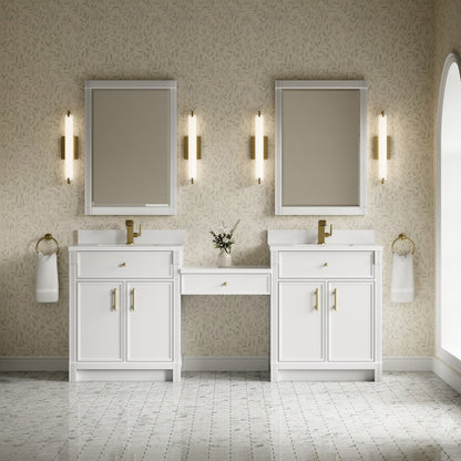James Martin Vanities Bellshire 84" Bright White Dual Vanity Set With Single Hole 3 cm White Zeus Silestone Top, Backsplash and 24" Make-Up Counter