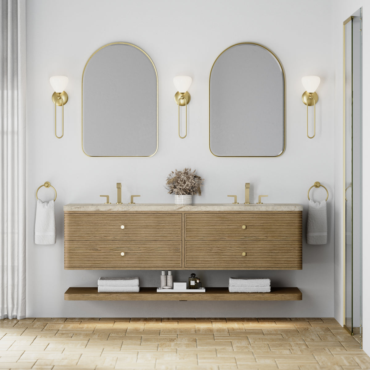 James Martin Vanities Allamari 72" Dune Mist Double Vanity With 3 CM Tajnar Eclos Top and FreePower Wireless Charger