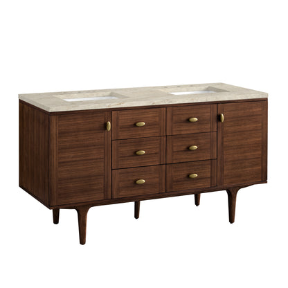 James Martin Vanities Amberly 60" Mid-Century Walnut Double Vanity With 3 CM Tajnar Eclos Top