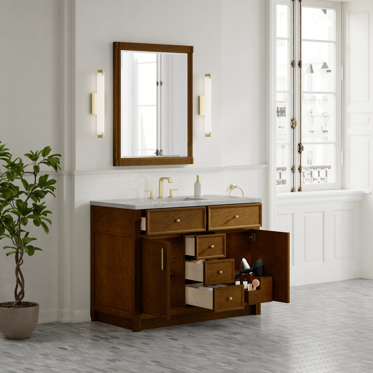 James Martin Vanities Bellshire 48" Honey Oak Single Vanity With 3 CM Victorian Silver Silestone Top
