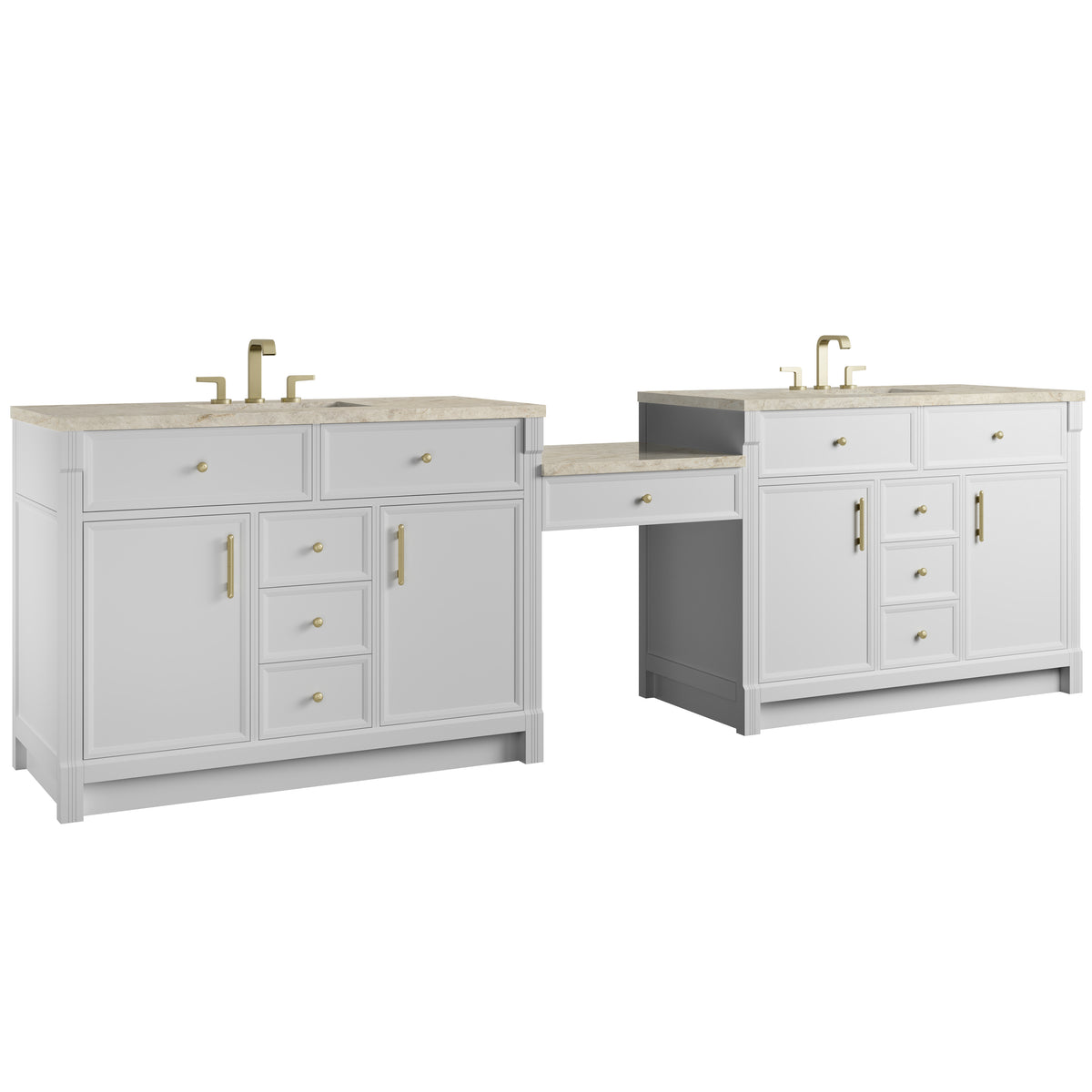 James Martin Vanities Bellshire 120" Bright White Dual Vanity Set With 3 cm Tajnar Eclos Top and 24" Make-Up Counter