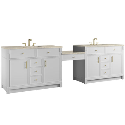 James Martin Vanities Bellshire 120" Bright White Dual Vanity Set With 3 cm Tajnar Eclos Top and 24" Make-Up Counter