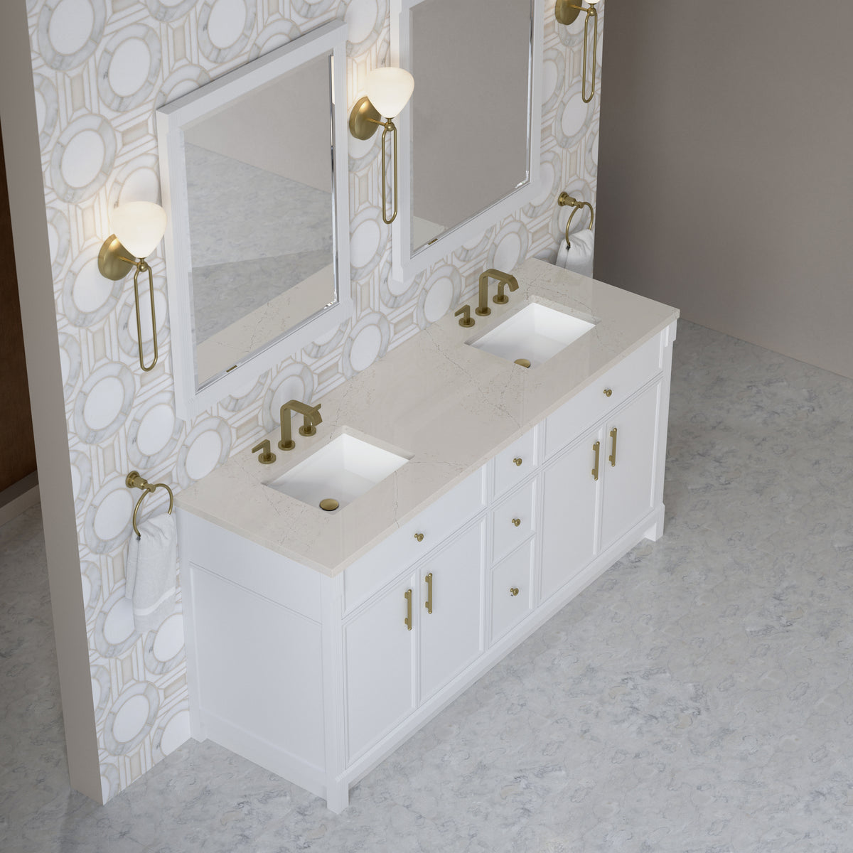 James Martin Vanities Bellshire 72" Bright White Double Vanity With 3 CM Siberian Silestone Top