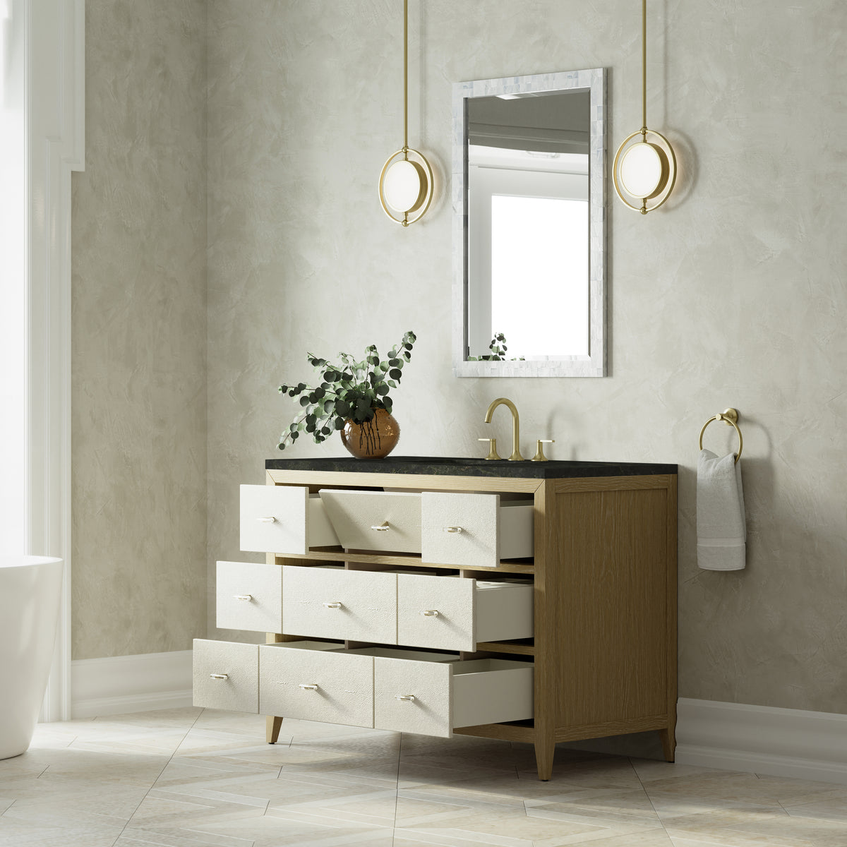 James Martin Vanities Celeste 48" Sunwashed Oak with Embossed Shagreen Single Vanity With 3 CM Phantome Eclos Top