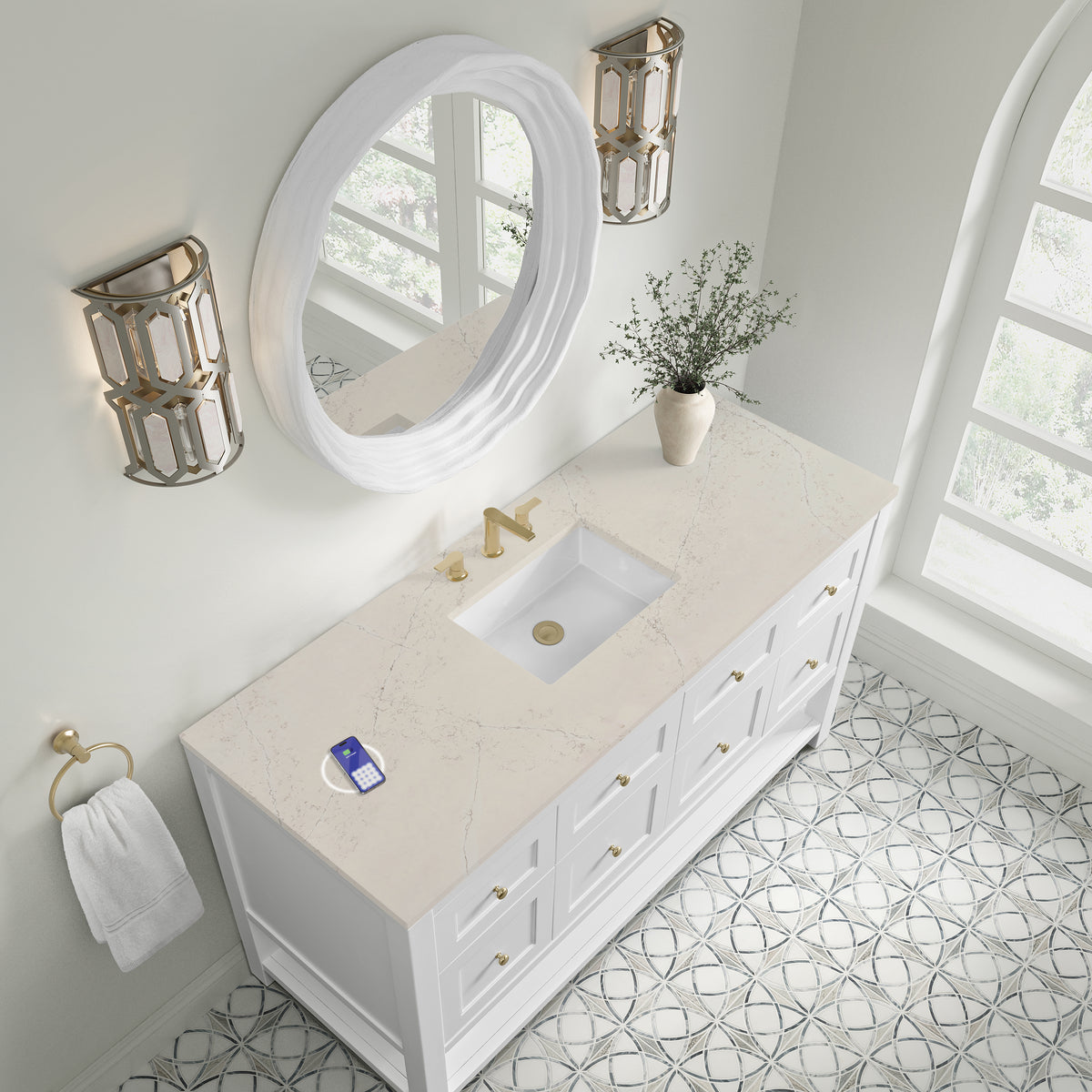 James Martin Vanities Breckenridge 60" Bright White Single Vanity With 3cm Siberian Silestone Top and FreePower Wireless Charger