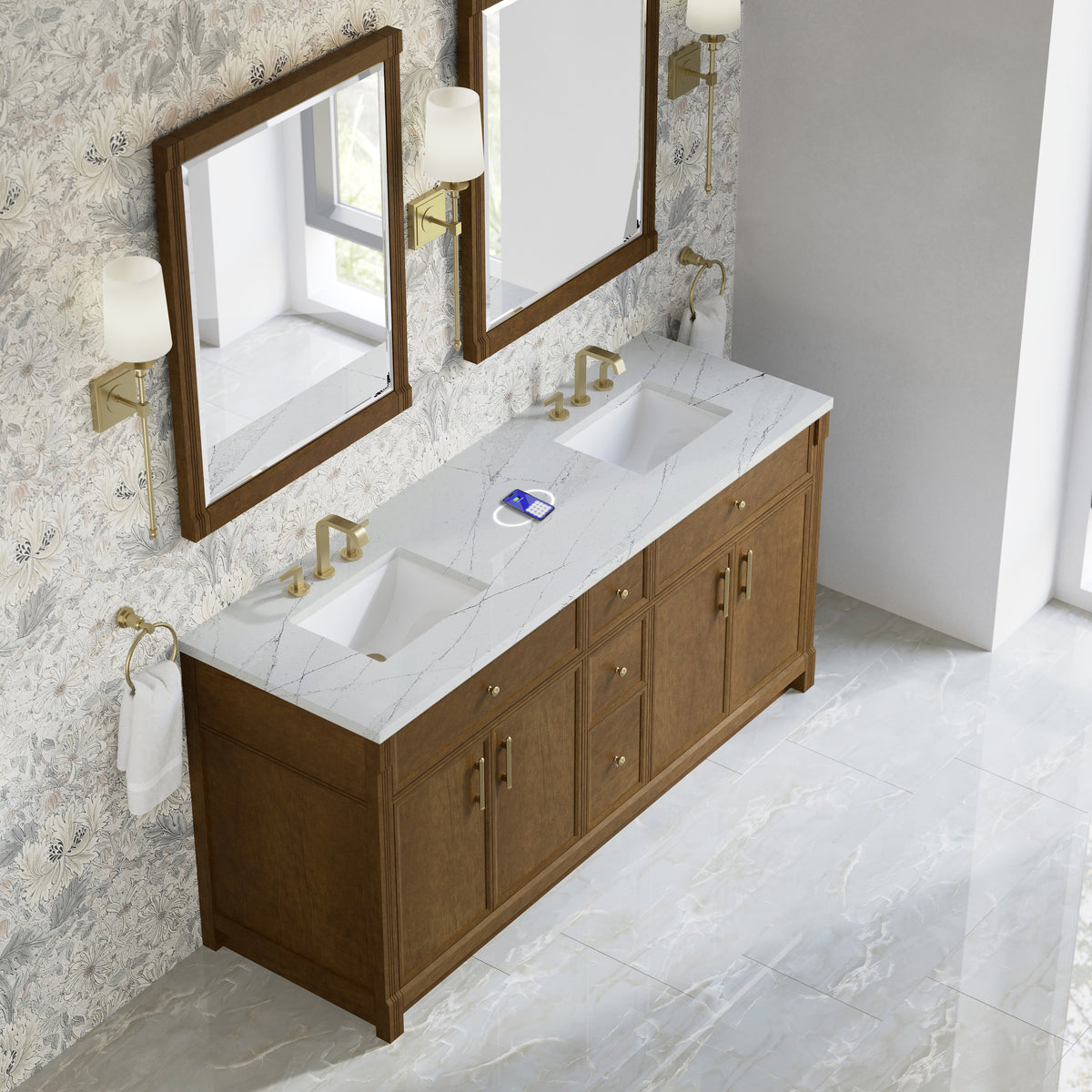 James Martin Vanities Bellshire 72" Honey Oak Double Vanity With 3 CM Ethereal Noctis Silestone Top and FreePower Wireless Charger