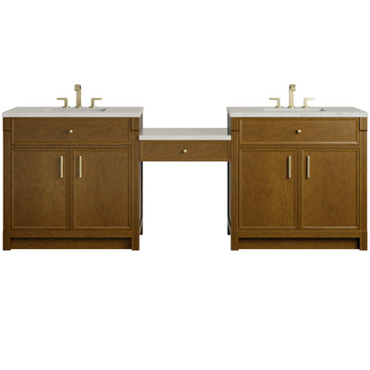 James Martin Vanities Bellshire 96" Honey Oak Dual Vanity Set With 3 cm Siberian Silestone Top and 24" Make-Up Counter