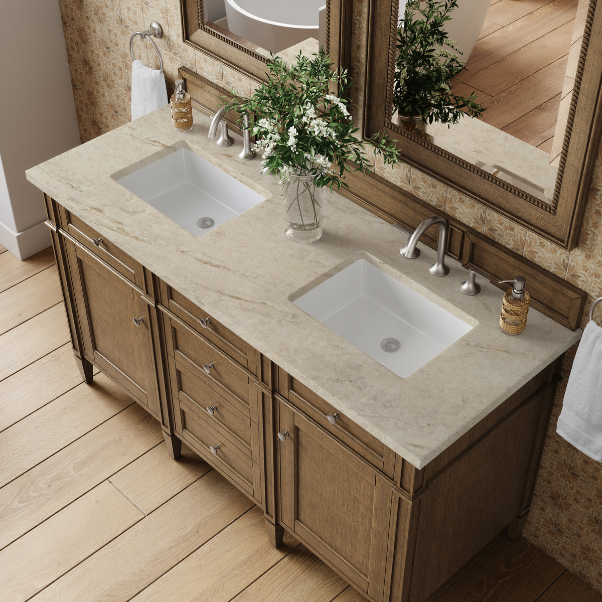 James Martin Vanities Brittany 60" Saddle Brown Double Vanity With 3 CM Tajnar Eclos Top