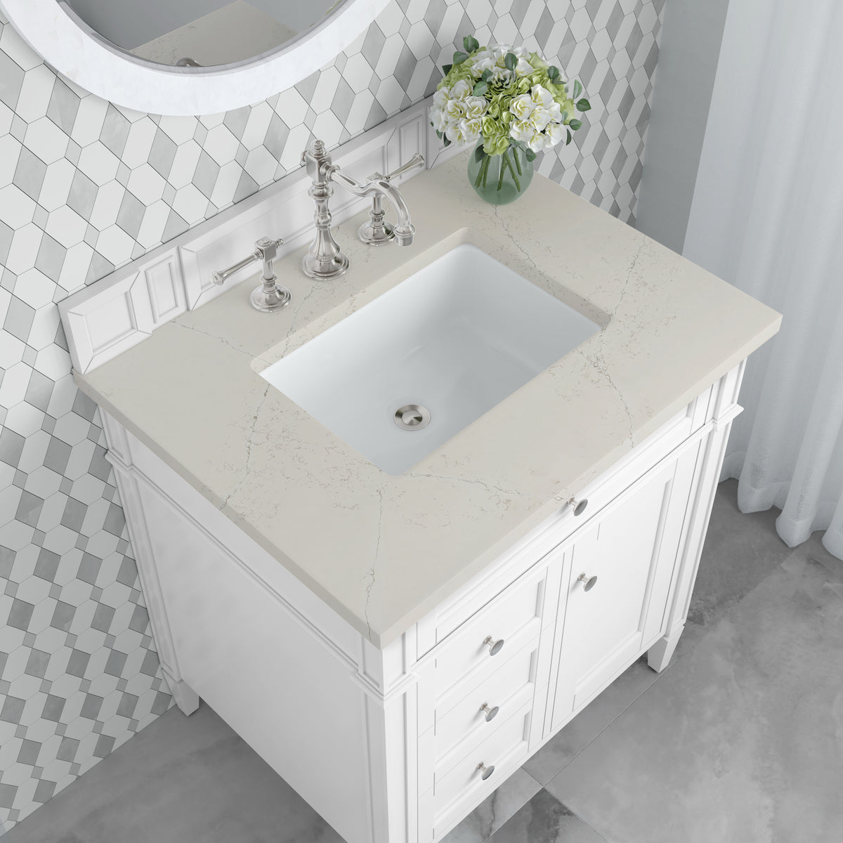James Martin Vanities Brittany 30" Bright White Single Vanity With 3 CM Siberian Silestone Top