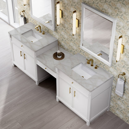 James Martin Vanities Bellshire 96" Bright White Dual Vanity Set With 3 cm Victorian Silver Silestone Top and 24" Make-Up Counter
