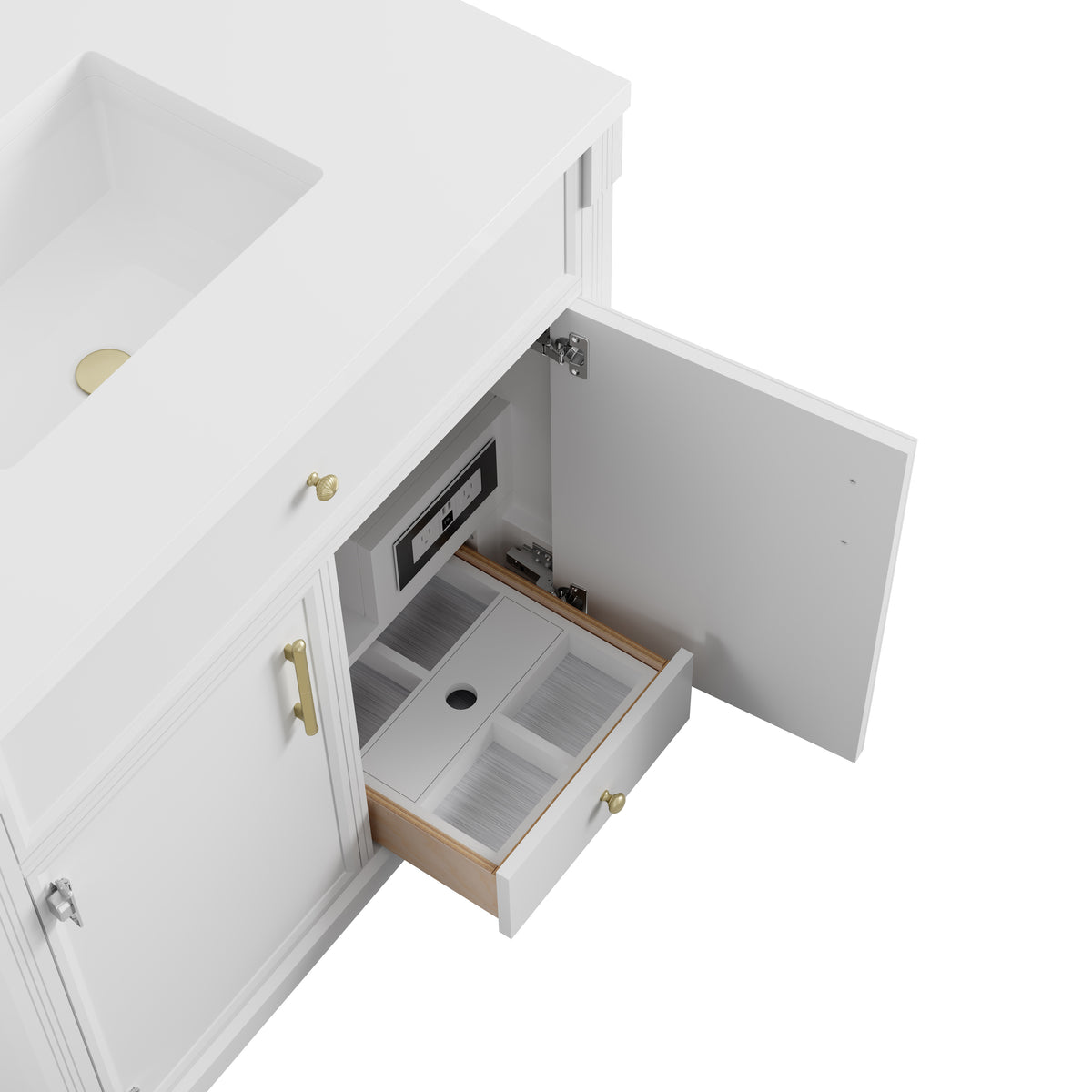 James Martin Vanities Bellshire 96" Bright White Dual Vanity Set With 3 cm White Zeus Silestone Top and 24" Make-Up Counter