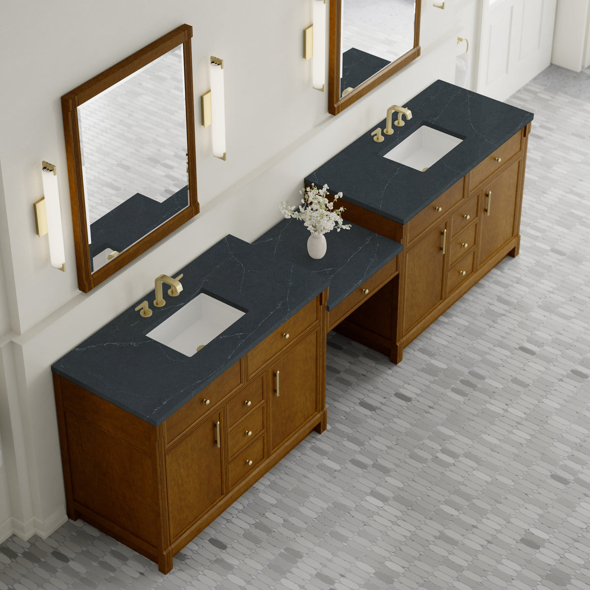 James Martin Vanities Bellshire 120" Honey Oak Dual Vanity Set With 3 cm Charcoal Soapstone Silestone Top and 24" Make-Up Counter