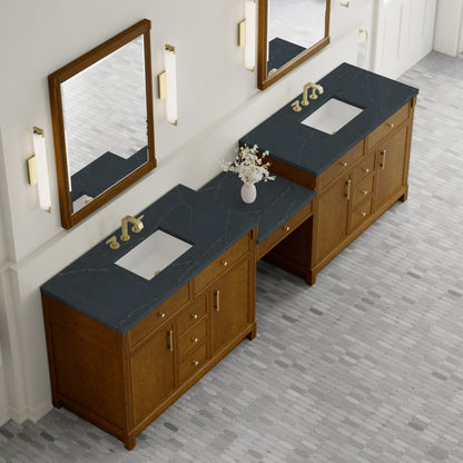 James Martin Vanities Bellshire 120" Honey Oak Dual Vanity Set With 3 cm Charcoal Soapstone Silestone Top and 24" Make-Up Counter