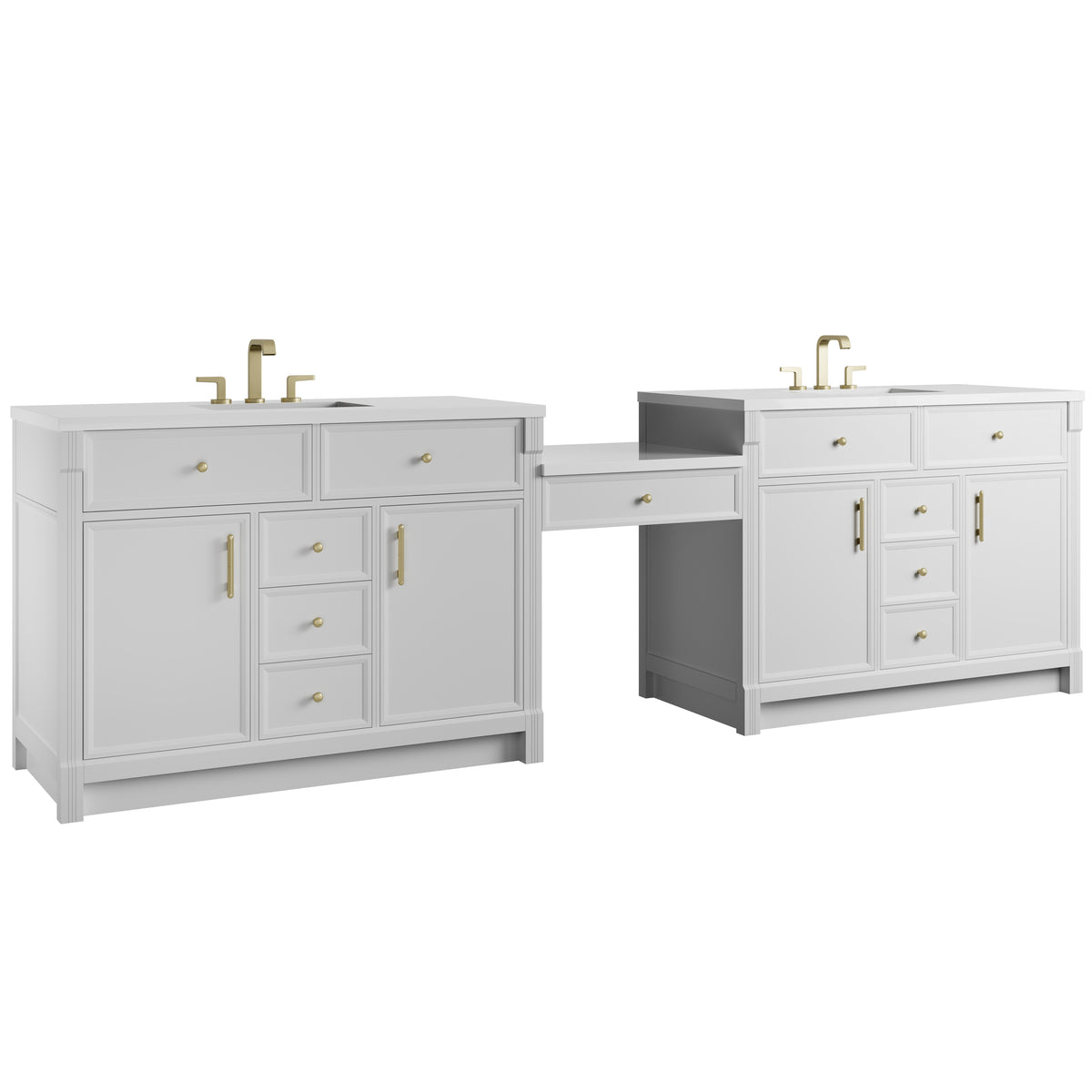 James Martin Vanities Bellshire 120" Bright White Dual Vanity Set With 3 cm White Zeus Silestone Top and 24" Make-Up Counter