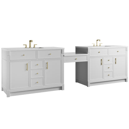 James Martin Vanities Bellshire 120" Bright White Dual Vanity Set With 3 cm White Zeus Silestone Top and 24" Make-Up Counter