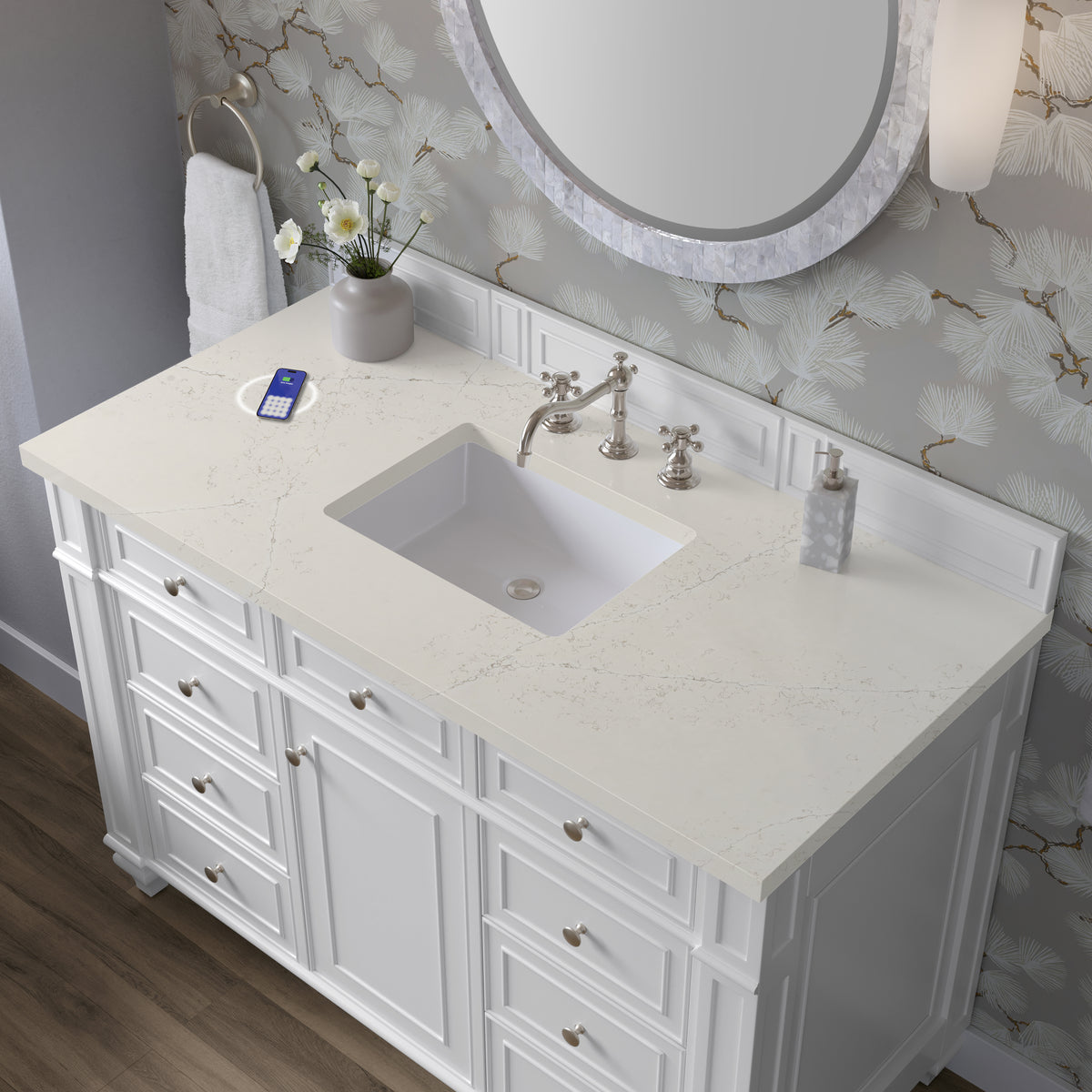 James Martin Vanities Bristol 48" Bright White Single Vanity With 3 CM Siberian Silestone Top and FreePower Wireless Charger
