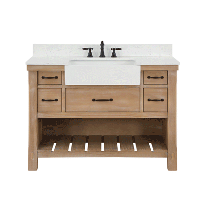 Vinnova Villareal 60" Single Bath Vanity In Weathered Pine With Composite Stone Top In White Finish And White Farmhouse Basin And Mirror