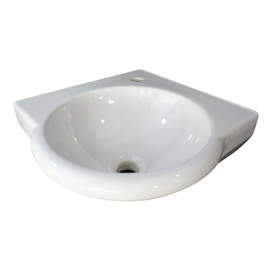 ALFI Brand AB104 15" White Wall-Mounted Corner Round Ceramic Bathroom Sink With Single Faucet Hole