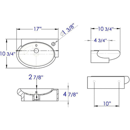 ALFI Brand AB107 17" White Wall-Mounted Euro Styled Oval Ceramic Bathroom Sink With Single Faucet Hole and Overflow