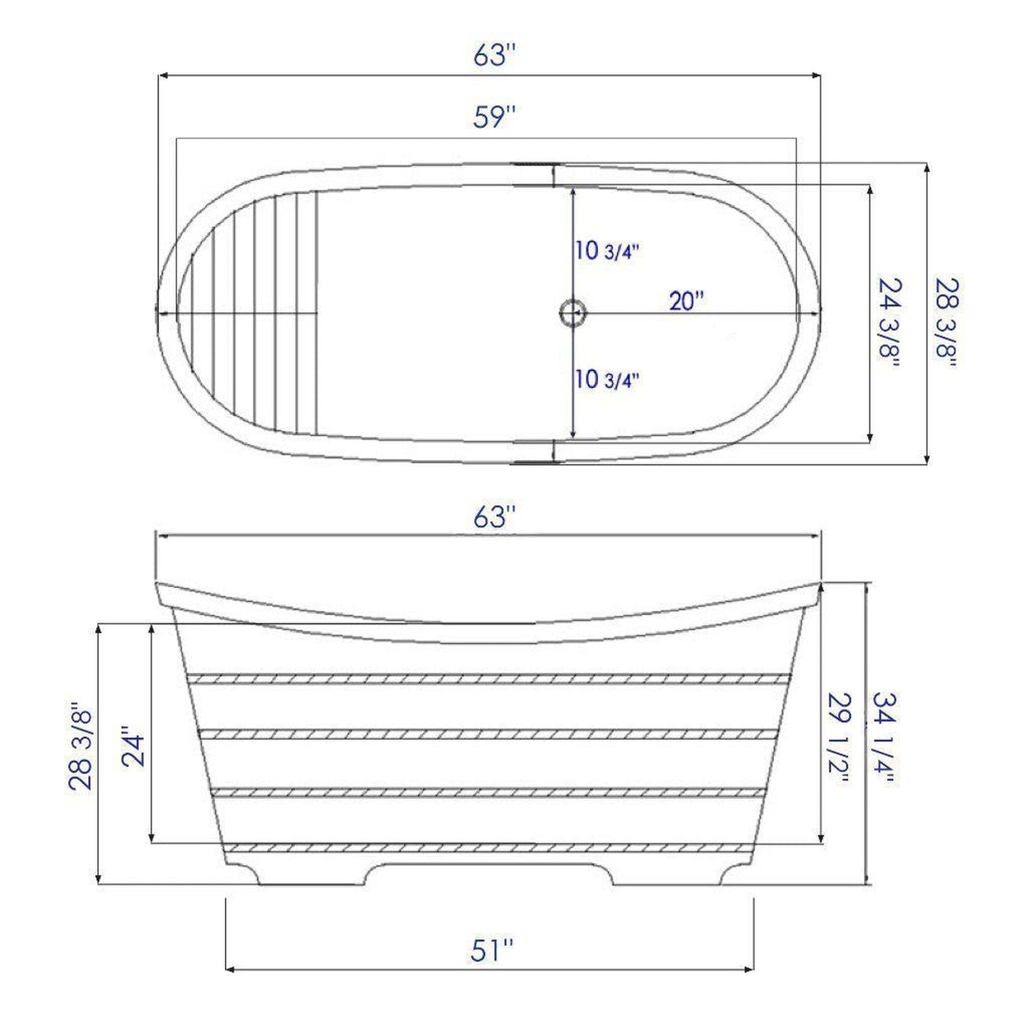 ALFI Brand AB1105 63" One Person Freestanding Soaking Cedar Wood Bathtub With Center Drain