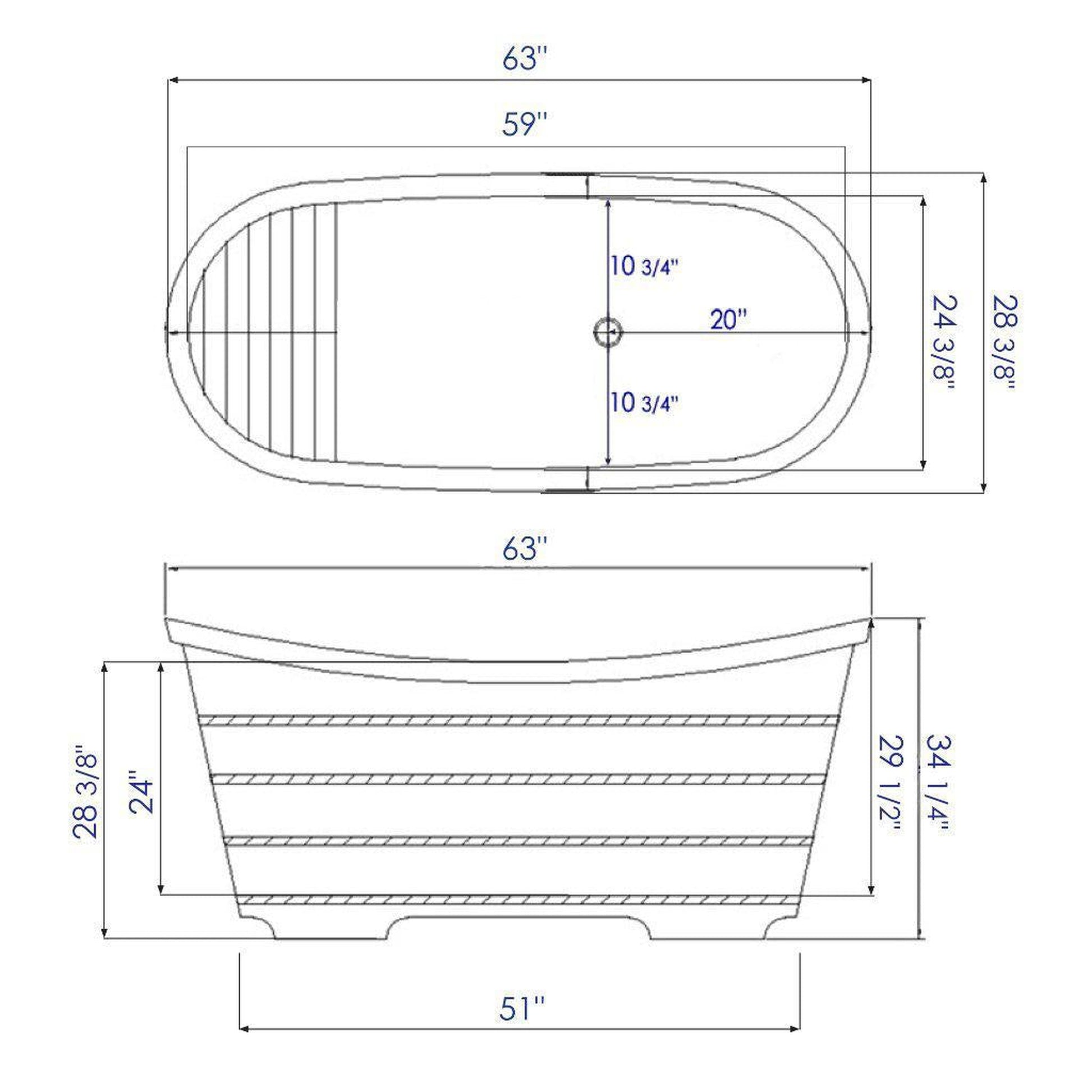 ALFI Brand AB1105 63" One Person Freestanding Soaking Cedar Wood Bathtub With Center Drain