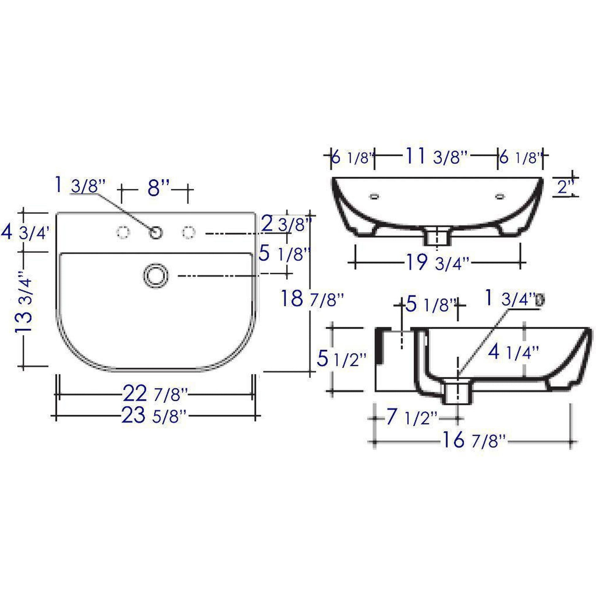 ALFI Brand AB111 24" White Wall-Mounted D-Shaped Bathroom Sink With Single Faucet Hole and Overflow