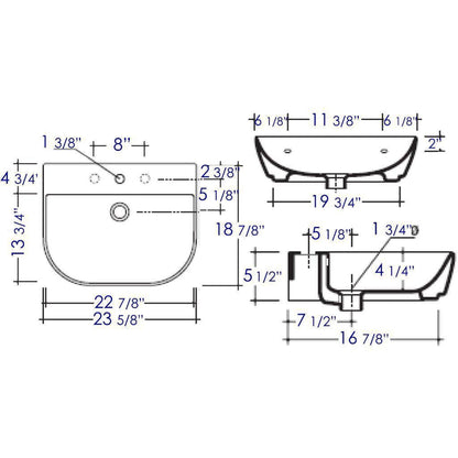 ALFI Brand AB111 24" White Wall-Mounted D-Shaped Bathroom Sink With Single Faucet Hole and Overflow