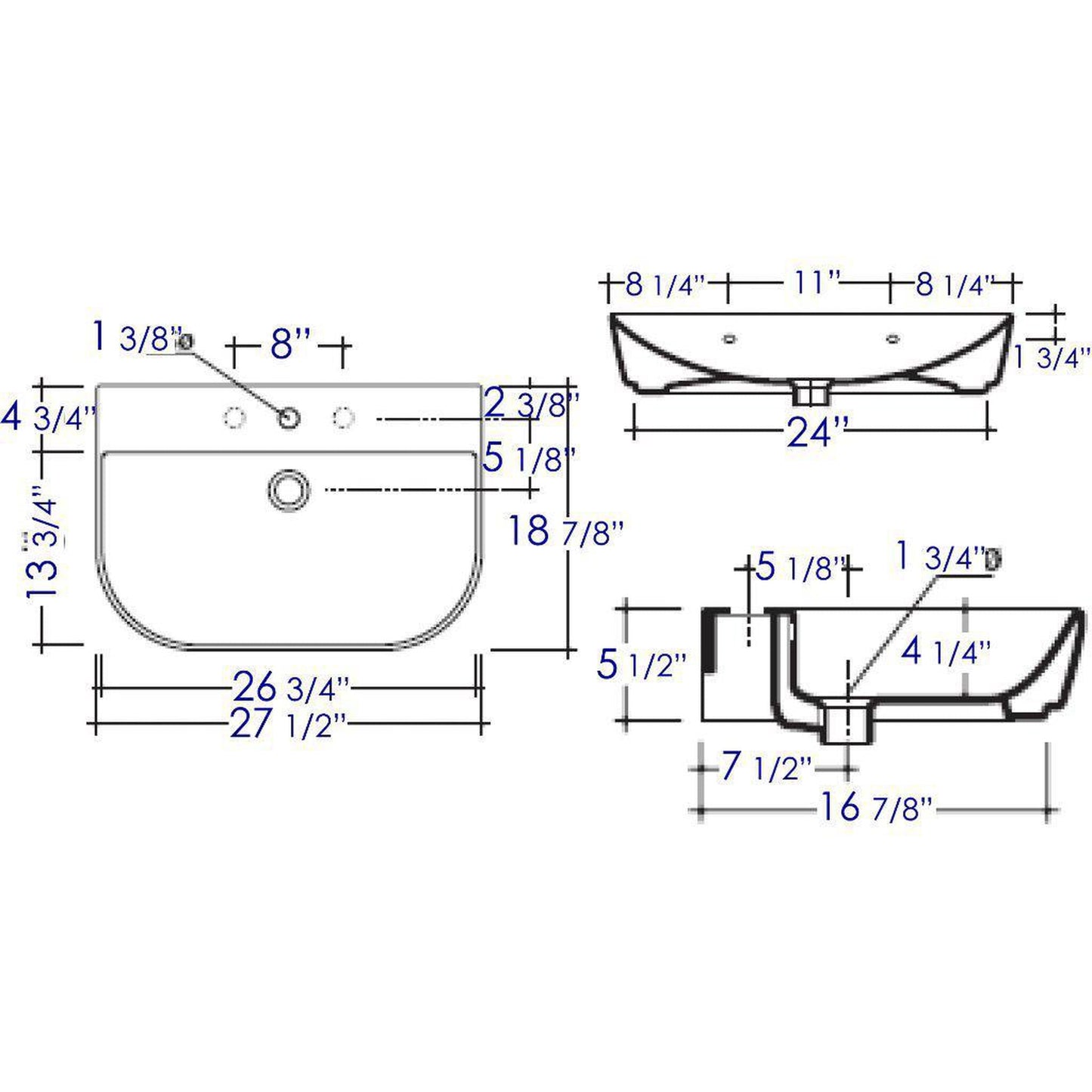 ALFI Brand AB112 28" White Wall-Mounted D-Shaped Ceramic Bathroom Sink With Single Faucet Hole and Overflow