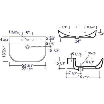 ALFI Brand AB112 28" White Wall-Mounted D-Shaped Ceramic Bathroom Sink With Single Faucet Hole and Overflow