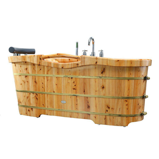 ALFI Brand AB1136 61" One Person Freestanding Soaking Cedar Wooden Bathtub With Chrome Tub Filler