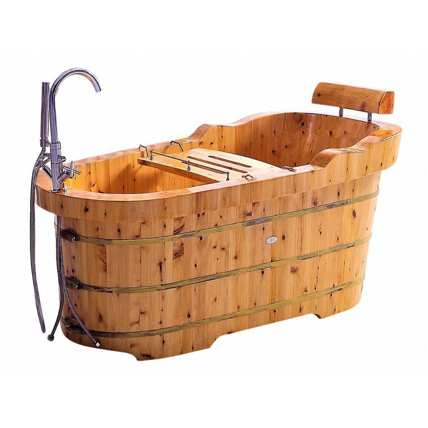 ALFI Brand AB1139 61" One Person Freestanding Soaking Cedar Wooden Bathtub With Fixtures & Headrest