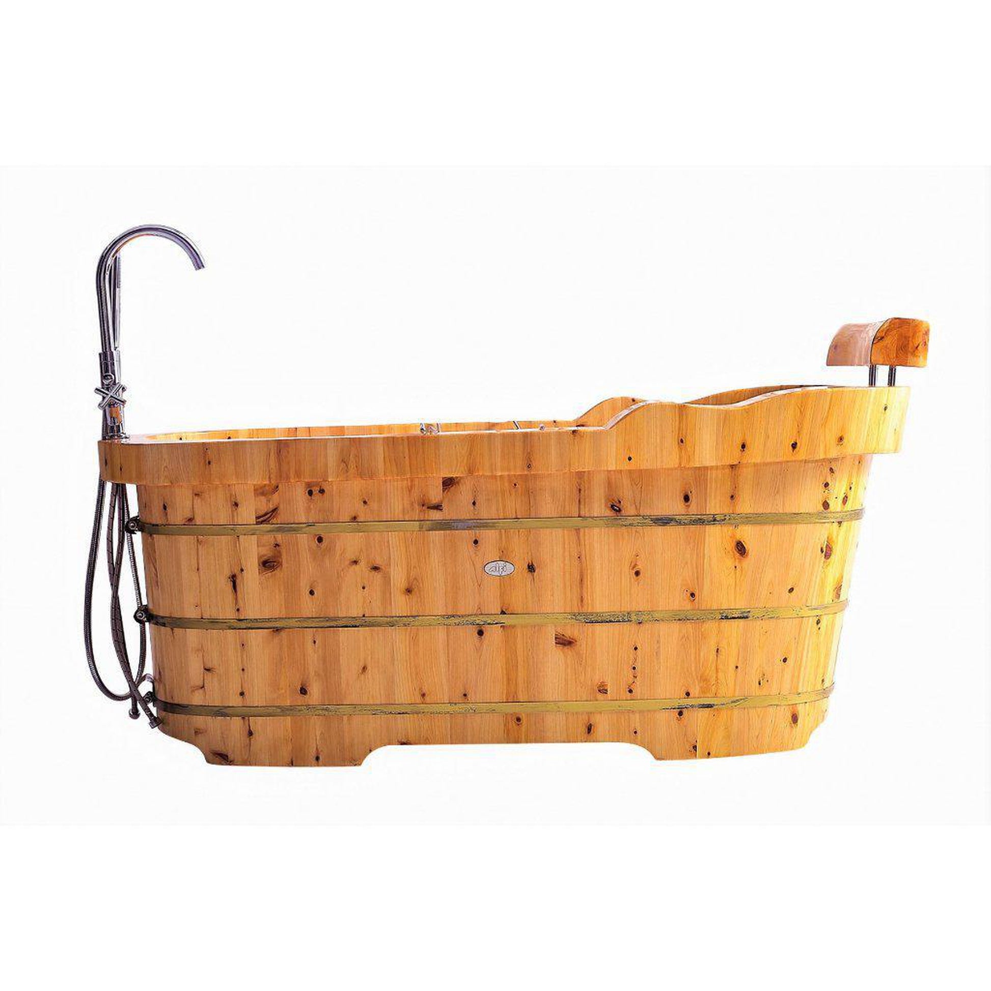 ALFI Brand AB1139 61" One Person Freestanding Soaking Cedar Wooden Bathtub With Fixtures & Headrest